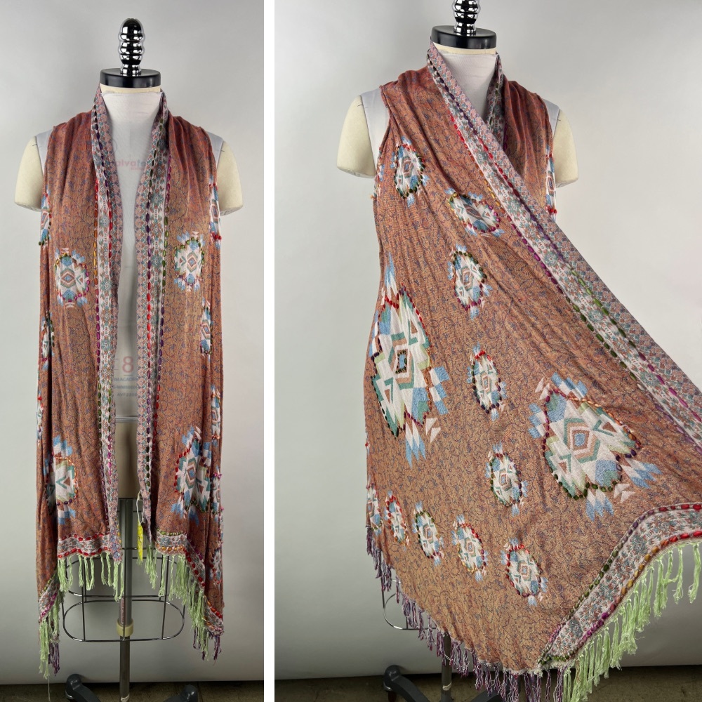💚 3211. Boho Open Front Embroidered Yarn Vest